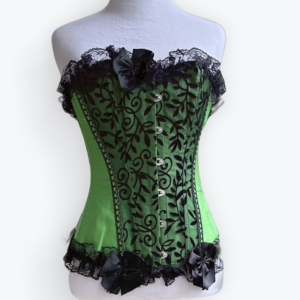 Lacy Satin Emerald Green Lace-Up Corset Bustier Boned Overbust Bodyshaper ~ S